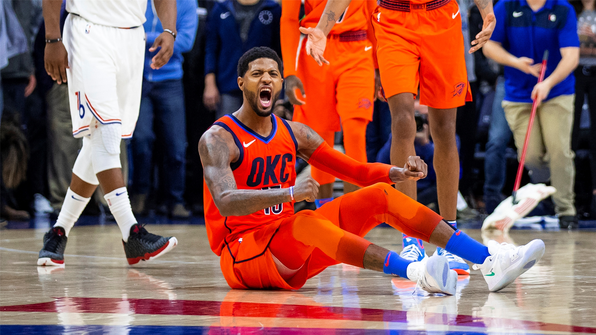 Paul George celebrates after hitting game-winner vs 76ers