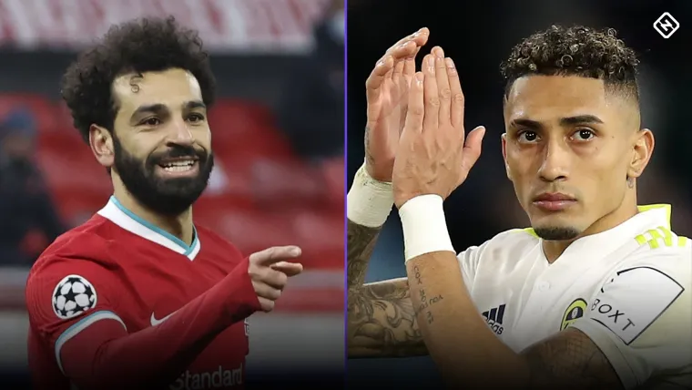 A split image of Liverpool's Mohamed Salah and Leeds United's Raphinha