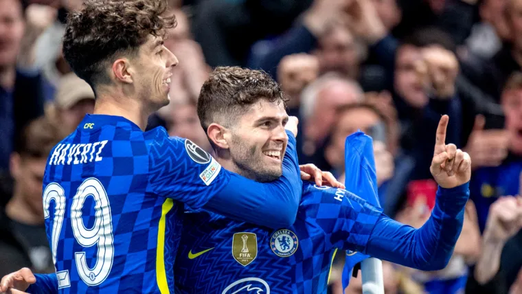 Kai Havertz and Christian Pulisic celebrate the American's second goal of a 2-0 win over Lille