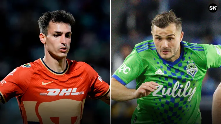 Juan Dinenno of UNAM Pumas and Jordan Morris of Seattle Sounders split