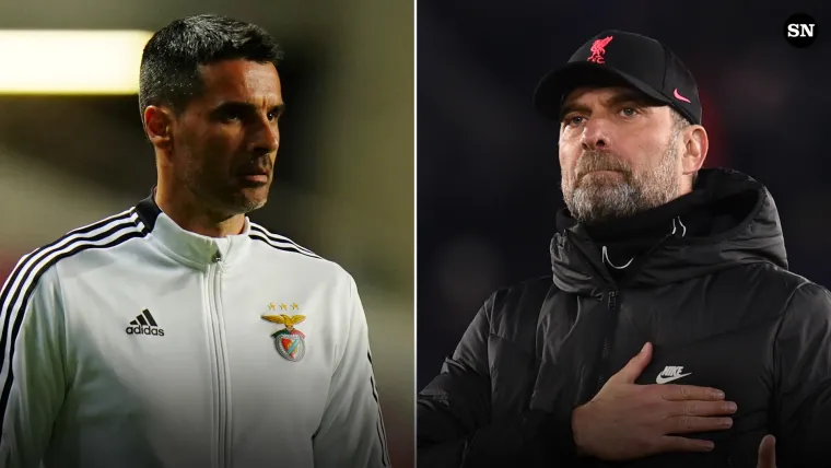 Nelson Verissimo of Benfica and Jurgen Klopp of Liverpool split