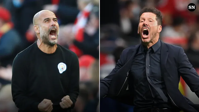 Pep Guardiola of Man City and Diego Simeone of Atletico Madrid split