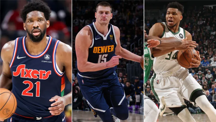 Joel Embiid, Nikola Jokic, Giannis Antetokounmpo (Philadelphia 76ers, Nikola Jokic, Giannis Antetokounmpo) 