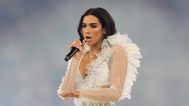 Dua Lipa performing at the 2018 Champions League final