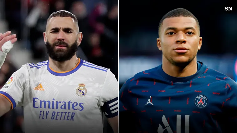 Karim Benzema of Real Madrid and Kylian Mbappe of PSG split