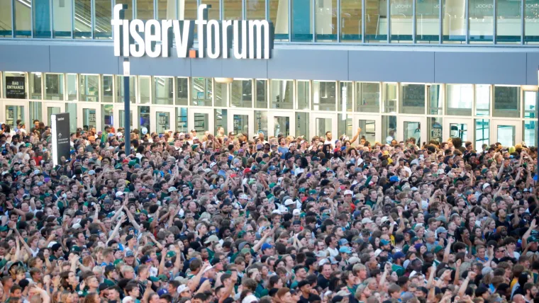 Milwaukee Bucks fans outside of the Fiserv Forum