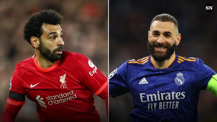 Mohamed Salah of Liverpool and Karim Benzema of Real Madrid split