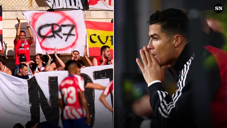 Cristiano Ronaldo of Man United and Atletico Madrid fans split