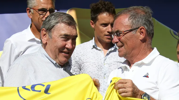 Five-time Tour de France winners Eddy Merckx and Bernard Hinault