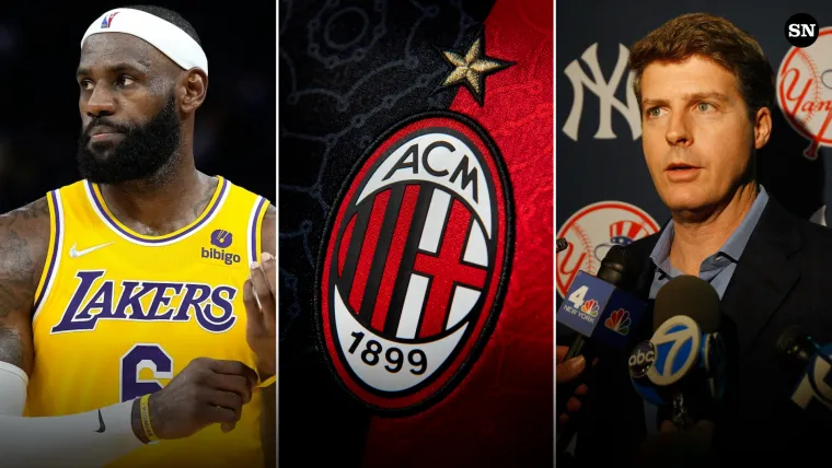 LeBron James, AC Milan logo, and Hal Steinbrenner of the New York Yankees split