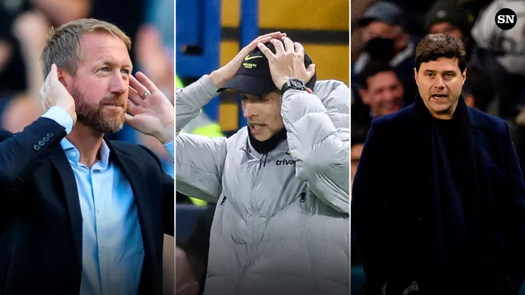 Graham Potter of Brighton, Thomas Tuchel at Chelsea, and Mauricio Pochettino of PSG split