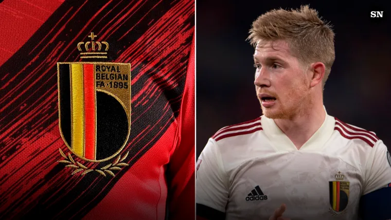 Kevin de Bruyne of Belgium and the national team crest split