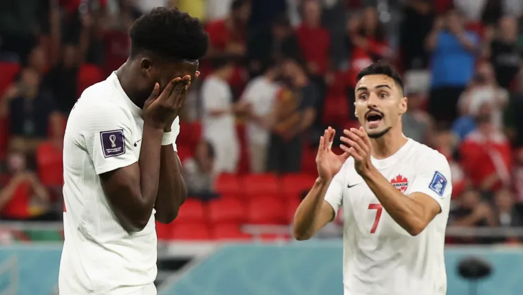 Alphonso Davies and Stephen Eustaquio of Canada vs Belgium at 2022 World Cup