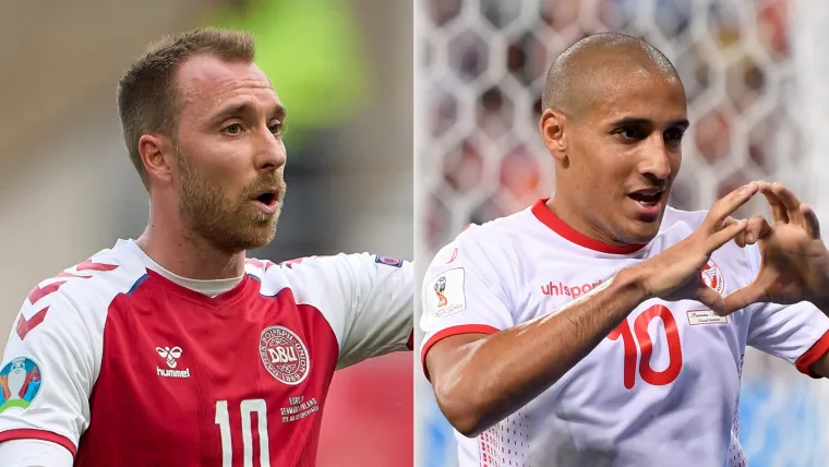 Christian Eriksen of Denmark and Wahib Kazri of Tunisia split