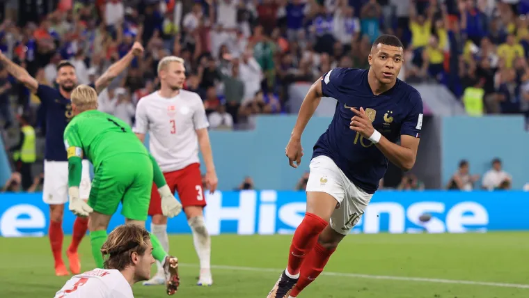 Kylian Mbappe of France at World Cup vs Denmark celebrates