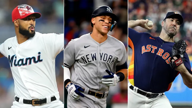 Sandy Alcantara (left), Aaron Judge (middle), Justin Verlander (right)