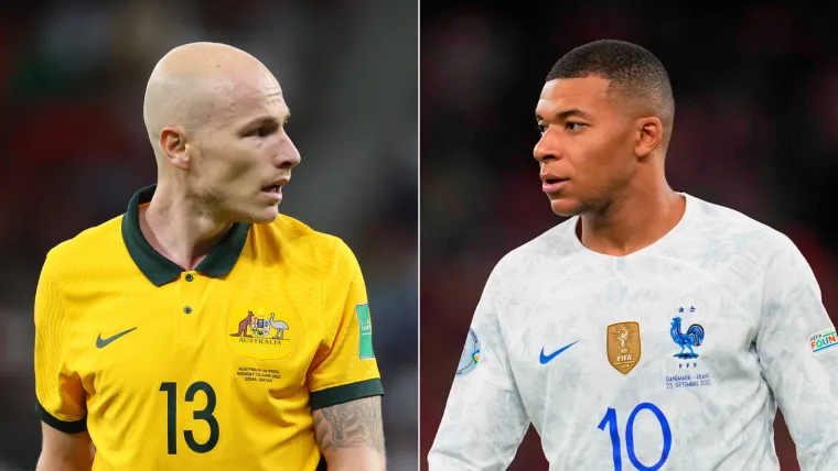 Aaron Mooy of Australia and Kylian Mbappe of France split 111822