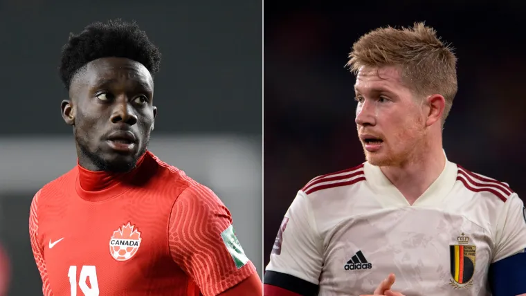 Alphonso Davies of Canada and Kevin de Bruyne of Belgium split