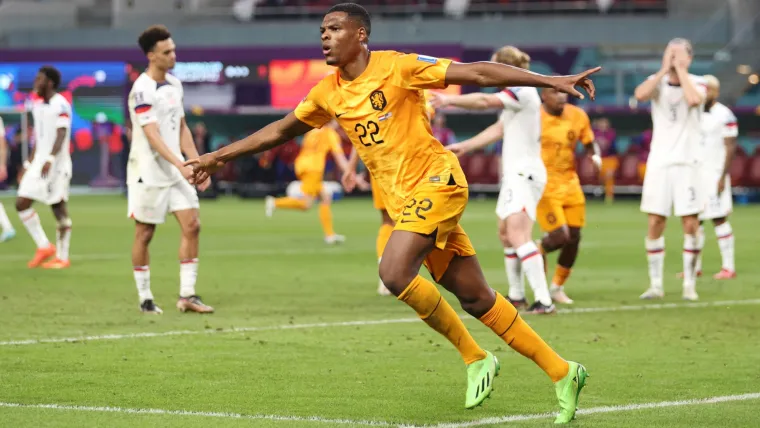 Denzel Dumfries celebrates for Netherlands against USA