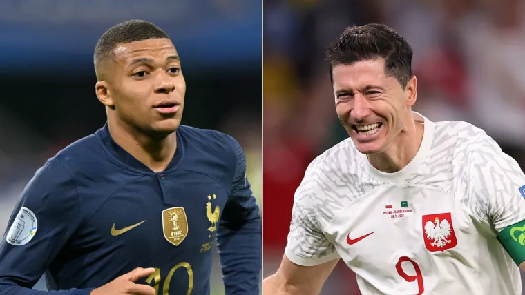 Kylian Mbappe of France and Robert Lewandowski of Poland split