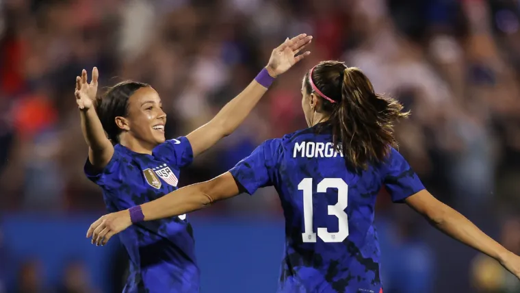 Mallory Swanson and Alex Morgan of USWNT vs Brazil