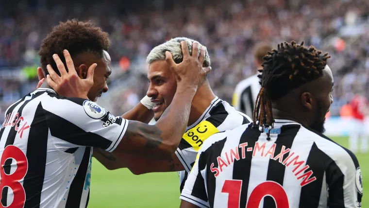 Joe Willock, Bruno Guimaraes, and Allan Saint-Maximin of Newcastle