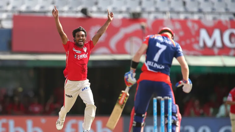 Sandeep Sharma of Kings XI Punjab celebrates getting Sam Billings of the Delhi Daredevils 