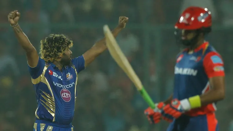 Lasith Malinga of the Mumbai Indians celebrates the wicket of Shreyas Iyer of the Delhi Daredevils