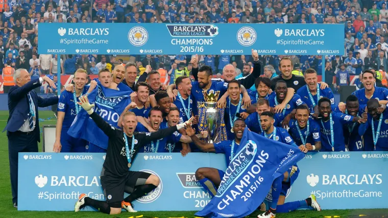 Leicester City celebrate Premier League trophy 2015/16