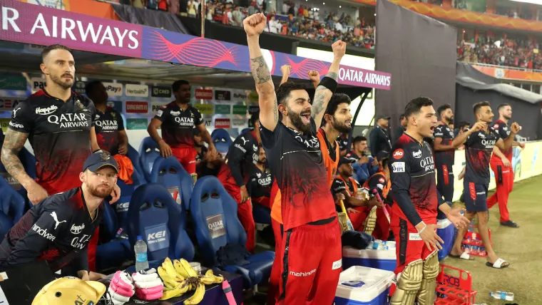 RCB players celebrating; Virat Kohli in IPL 2023