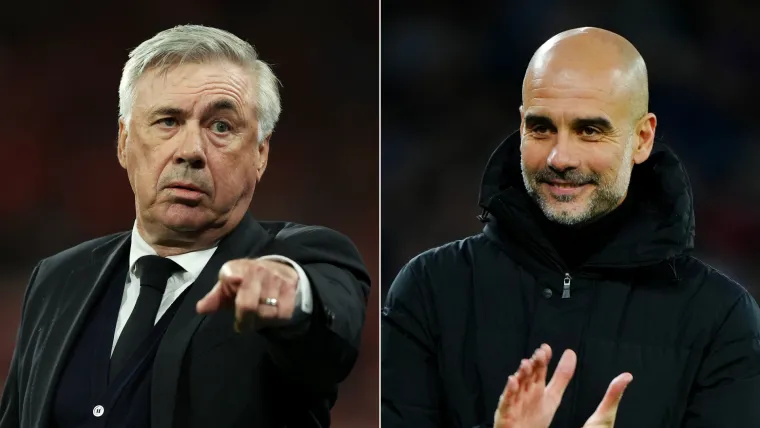 Carlo Ancelotti of Real Madrid and Pep Guardiola of Man City split