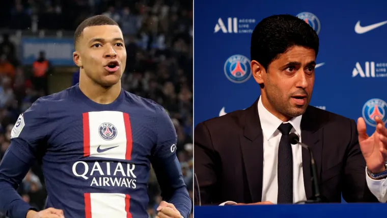 Kylian Mbappe and Nasser Al Khelaifi of PSG split