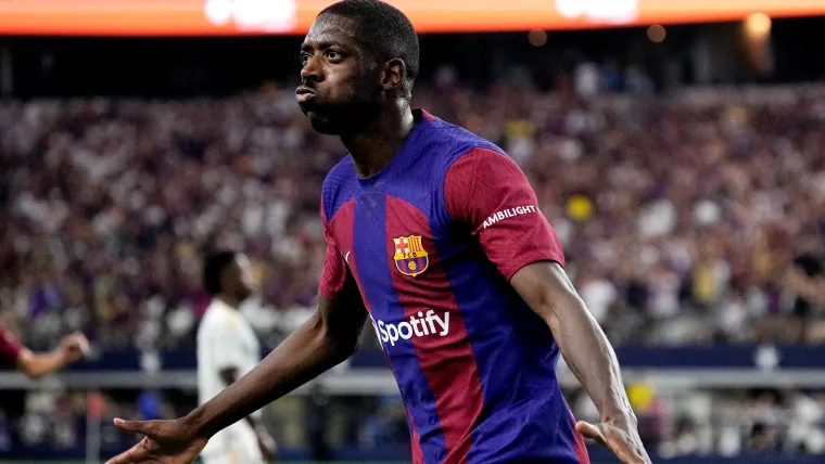 Ousmane Dembele celebrates a Barcelona goal vs Real Madrid in preseason