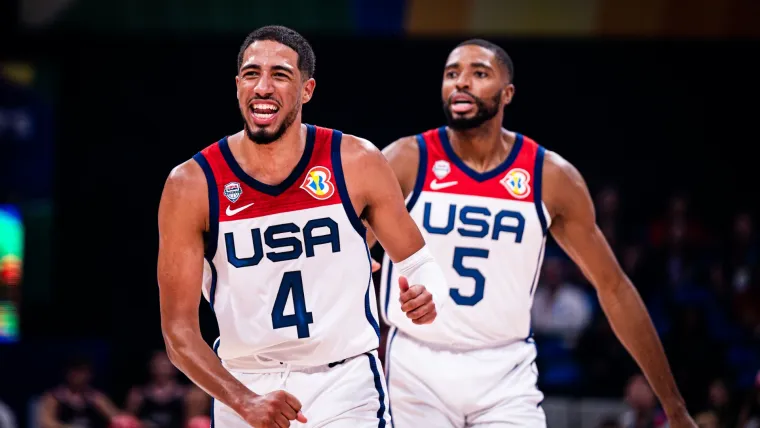 Tyrese Haliburton, Mikal Bridges celebrate at the FIBA World Cup