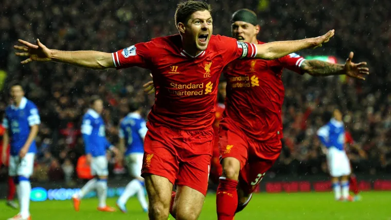 Steven Gerrard after scoring for Liverpool against Everton