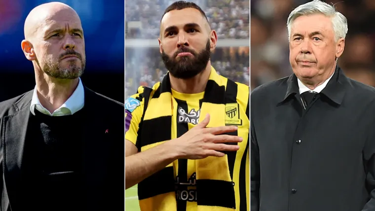 Erik ten Hag (L), Karim Benzema (C), and Carlo Ancelotti