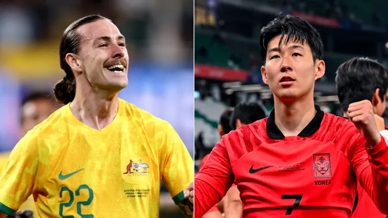 Jackson Irvine of Australia and Heung-Min Son of South Korea split