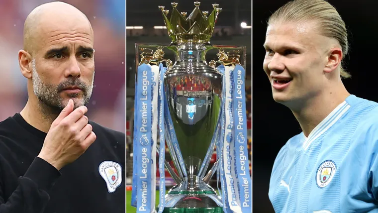 Pep Guardiola (L), the Premier League trophy (C), and Erling Haaland